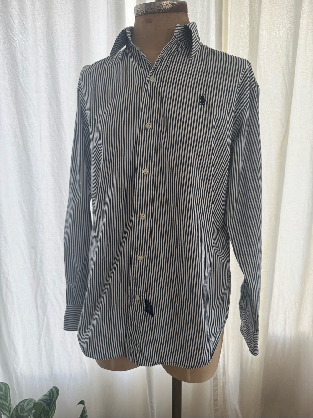 Ralph Lauren Sport Women’s Navy White Pinstripe Button Down Shirt Cotton